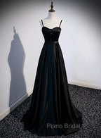 Black Satin Straps Long Party Dresses, Black Sweetheart Long Evening Dresses Formal Prom Dresses