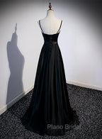 Black Satin Straps Long Party Dresses, Black Sweetheart Long Evening Dresses Formal Prom Dresses