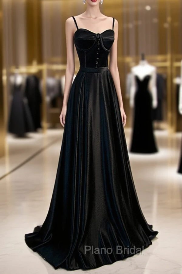 Black Satin Straps Long Party Dresses, Black Sweetheart Long Evening Dresses Formal Prom Dresses Main image