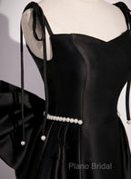 Black Satin Sweetheart Long Formal Prom Dresses With Bow, Black Long Formal Dresses