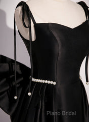 Black Satin Sweetheart Long Formal Prom Dresses With Bow, Black Long Formal Dresses