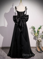 Black Satin Sweetheart Long Formal Prom Dresses With Bow, Black Long Formal Dresses