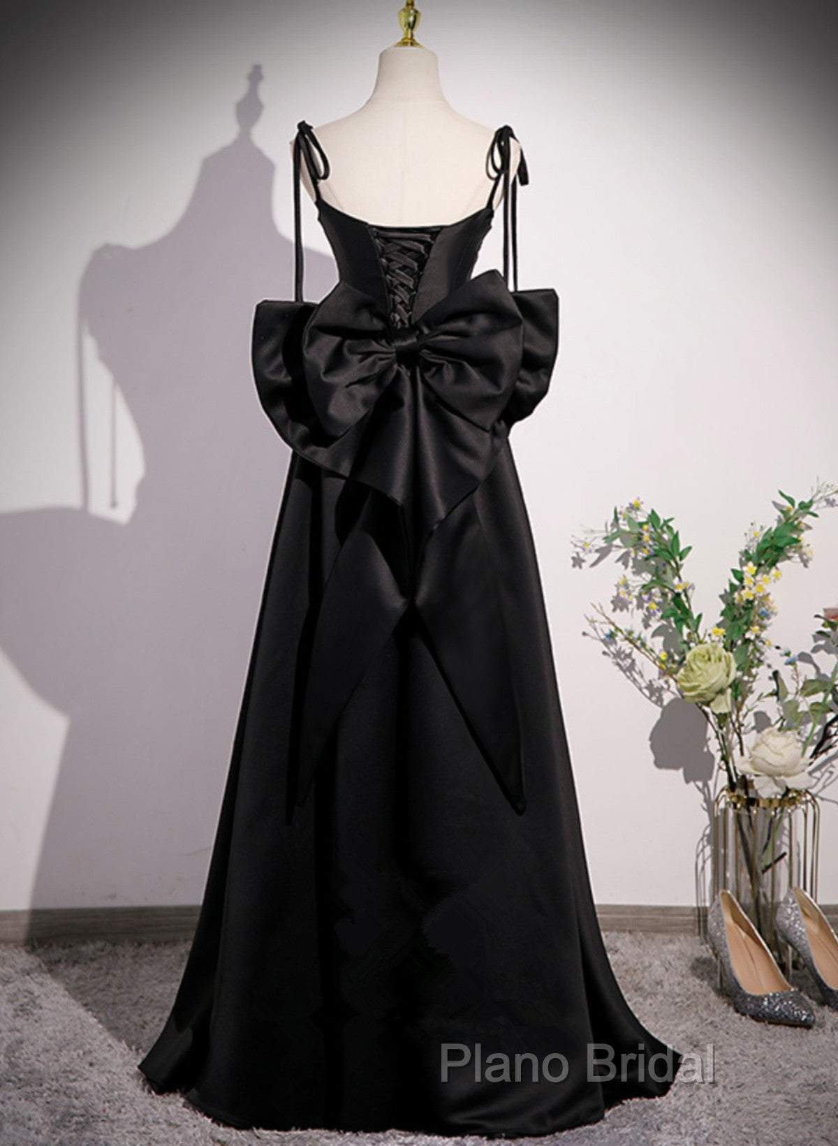 Black Satin Sweetheart Long Formal Prom Dresses With Bow, Black Long Formal Dresses