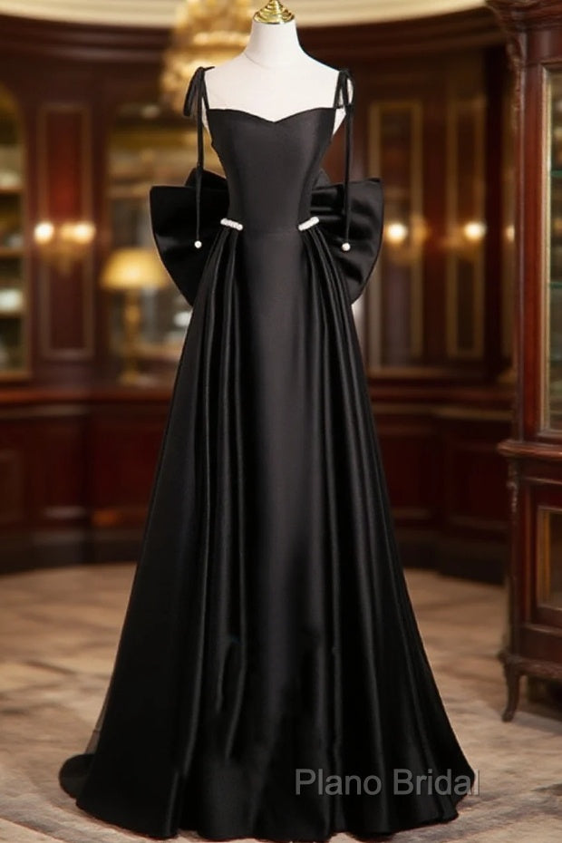 Black Satin Sweetheart Long Formal Prom Dresses With Bow, Black Long Formal Dresses Main image
