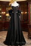Black Satin Sweetheart Long Formal Prom Dresses With Bow, Black Long Formal Dresses