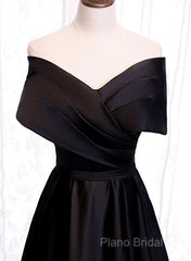 Black Satin Sweetheart Off Shoulder Party Dresses, Black A-Line Long Formal Dresses