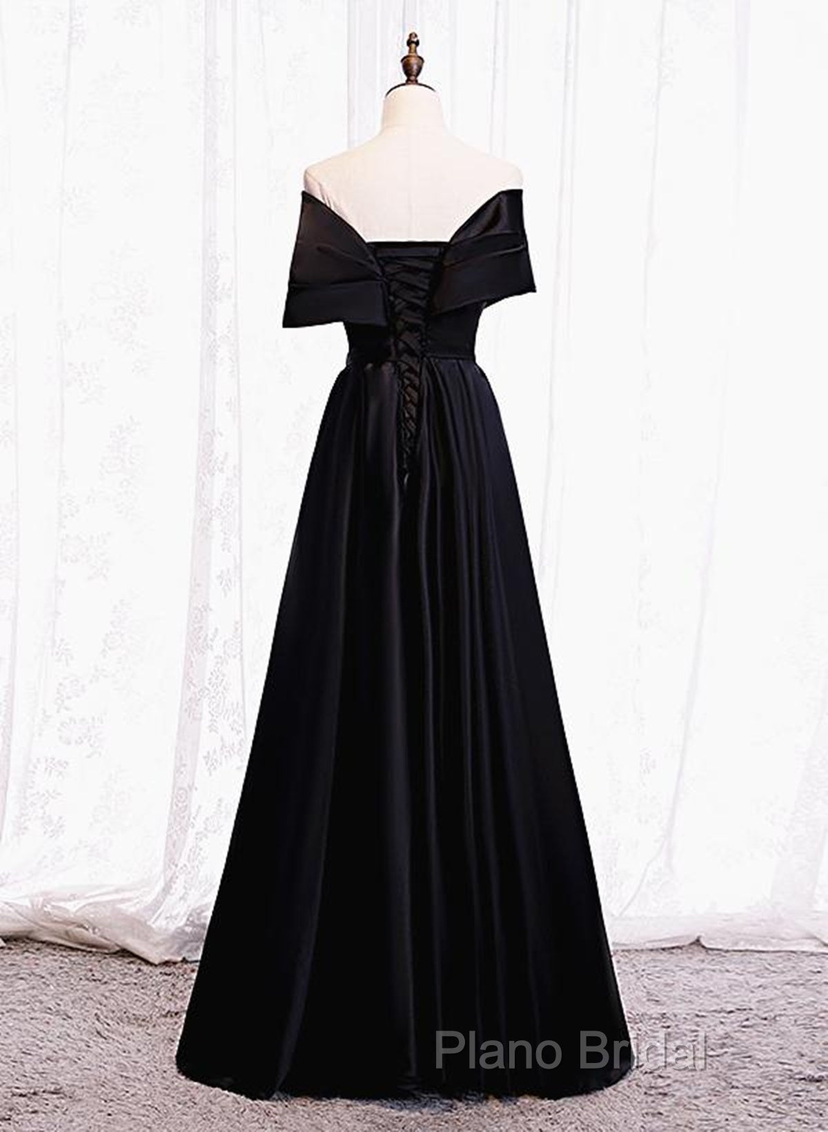 Black Satin Sweetheart Off Shoulder Party Dresses, Black A-Line Long Formal Dresses