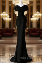 Black Satin Sweetheart Straps Long Formal Dresses, Black Long Formal Prom Dresses