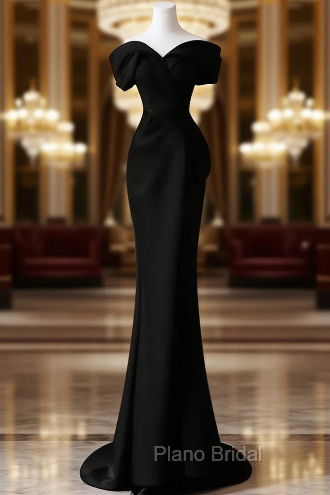 Black Satin Sweetheart Straps Long Formal Dresses, Black Long Formal Prom Dresses