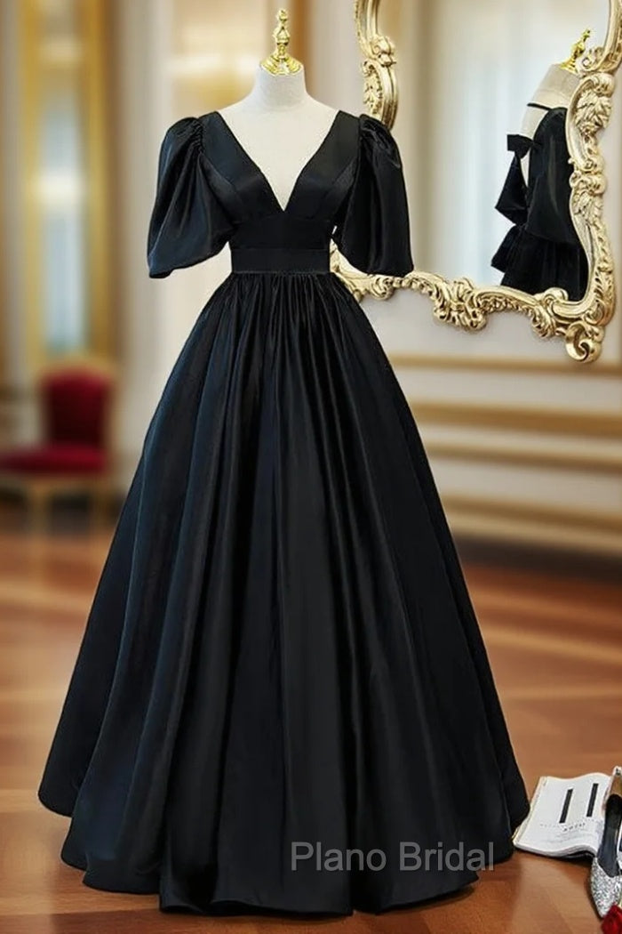 Black Satin V-neck Backless Puff Sleeve Formal Prom Dresses Main image