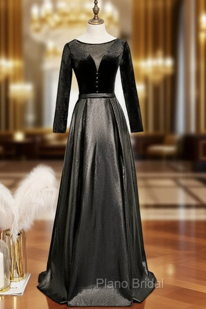 Black Satin Velvet Long Sleeve Button Formal Prom Dresses Main image