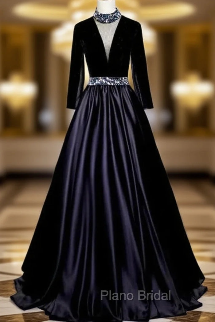 Black Satin Velvet Long Sleeve Crystal Formal Prom Dresses Main image