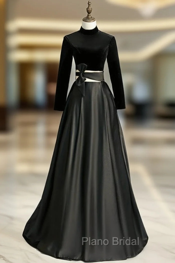 Black Satin Velvet Long Sleeve Cut Out Formal Prom Dresses Main image