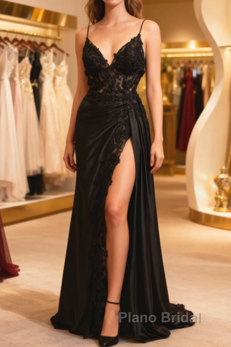 Black Satin With Lace V-Neckline With Leg Slit Formal Prom Dresses, Black Formal Prom Dresses