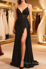 Black Satin With Lace V-Neckline With Leg Slit Formal Prom Dresses, Black Formal Prom Dresses