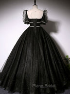 Black Scoop Neckline Long Formal Prom Dresses, Shiny Tulle Black Evening Dresses