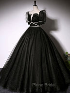 Black Scoop Neckline Long Formal Prom Dresses, Shiny Tulle Black Evening Dresses