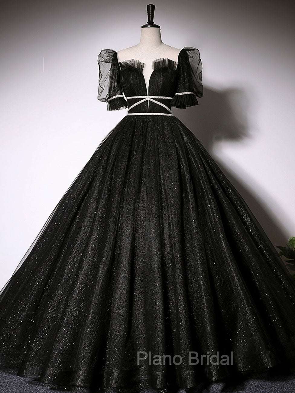 Black Scoop Neckline Long Formal Prom Dresses, Shiny Tulle Black Evening Dresses