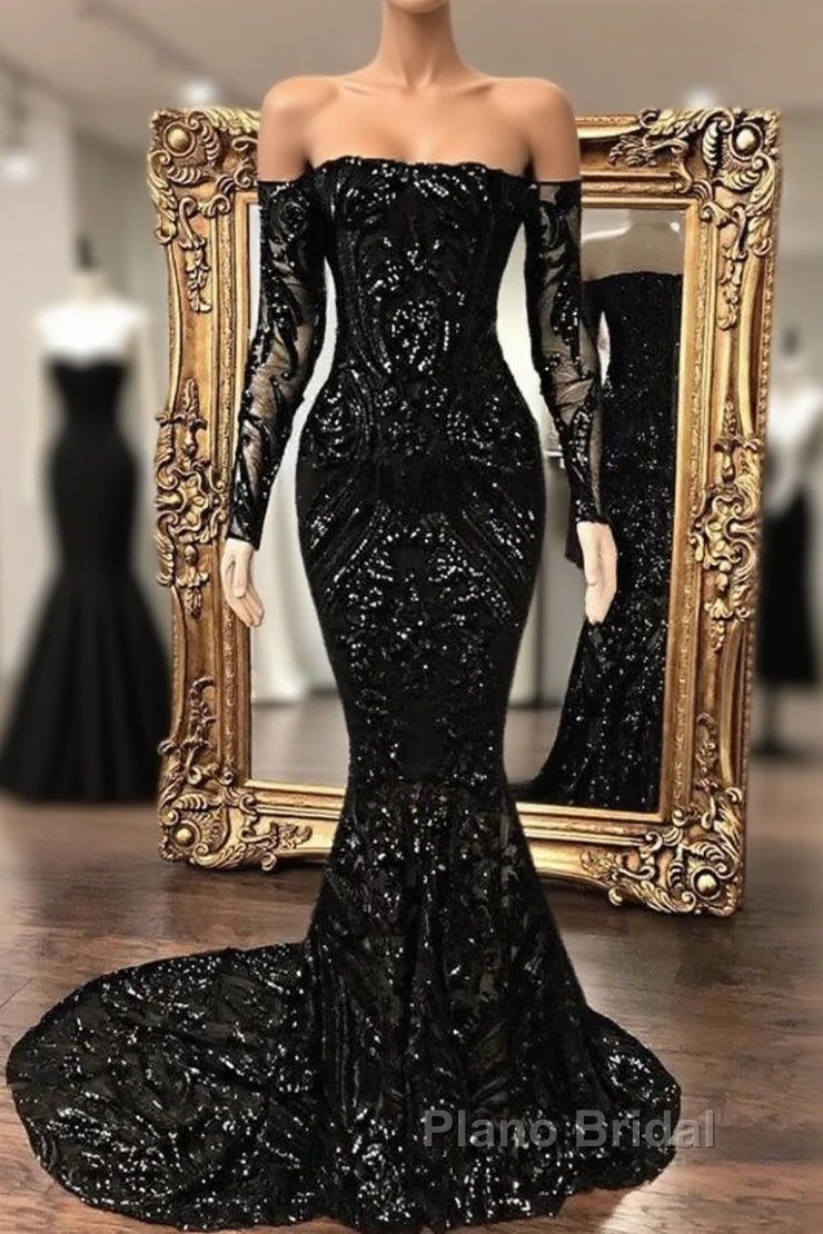 Black Sequin Long Sleeve Mermaid Formal Prom Dresses