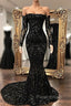 Black Sequin Long Sleeve Mermaid Formal Prom Dresses