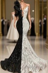 Black Sequin Trumpet Mermaid Long Sleeve Formal Prom Dresses