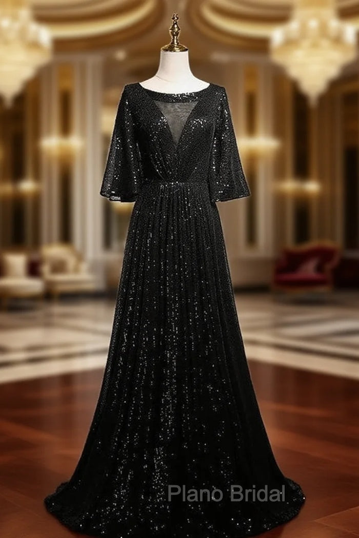 Black Sequins Bell Sleeve Formal Prom Dresses Main image