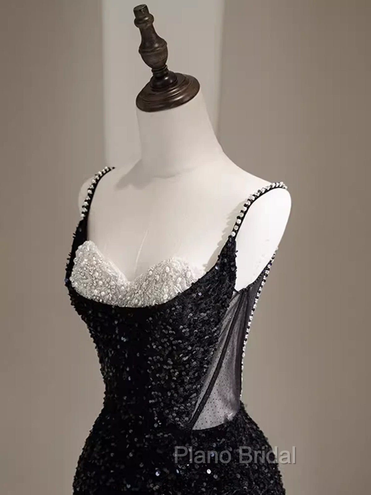 Black Sequins Mermaid Straps Beaded Formal Prom Dresses, Black Sequins Party Dresses Secondary image