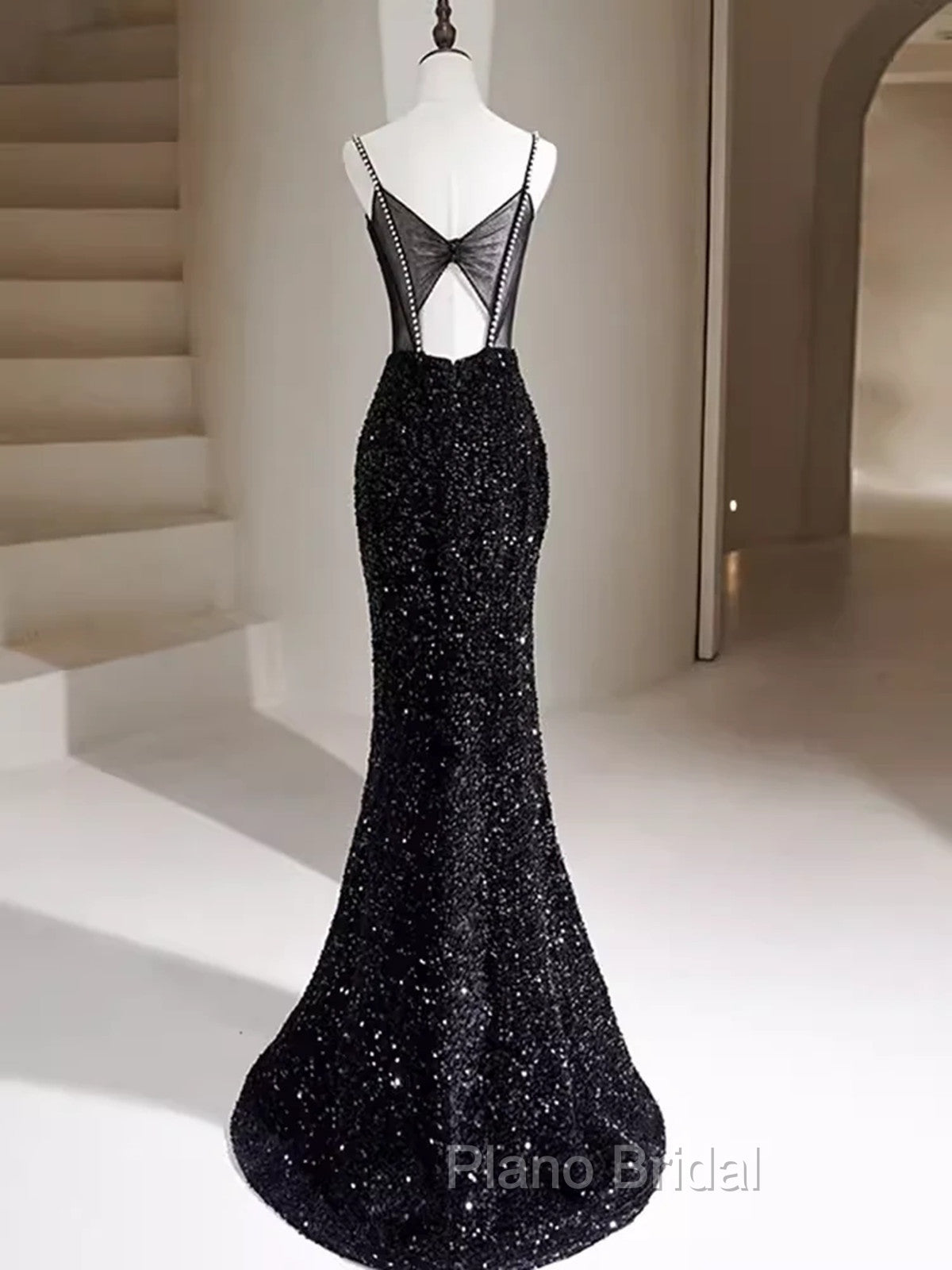 Black Sequins Mermaid Straps Beaded Formal Prom Dresses, Black Sequins Party Dresses