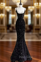 Black Sequins Mermaid Straps Beaded Formal Prom Dresses, Black Sequins Party Dresses