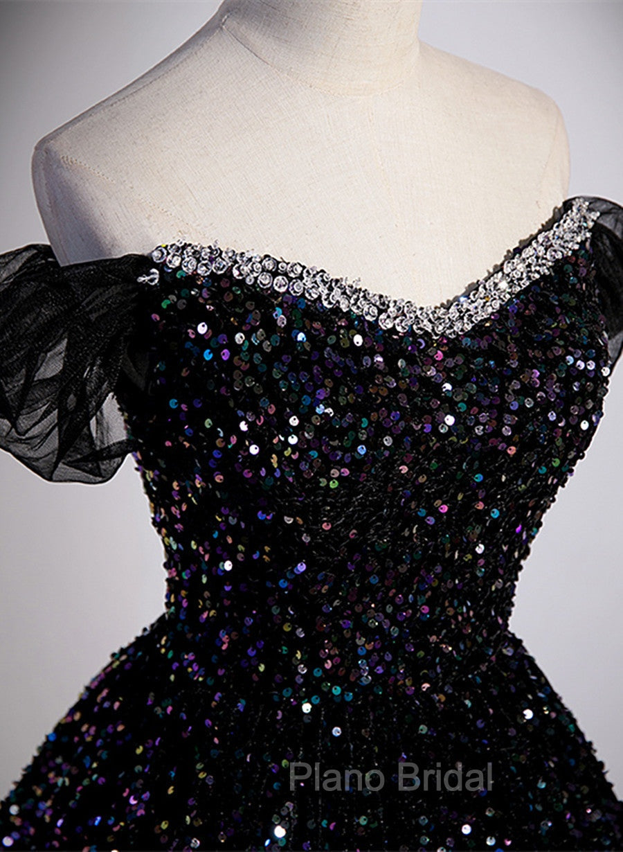Black Sequins Off Shoulder Beaded Party Dresses, A-line Black Formal Dresses Secondary image