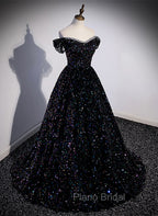 Black Sequins Off Shoulder Beaded Party Dresses, A-line Black Formal Dresses
