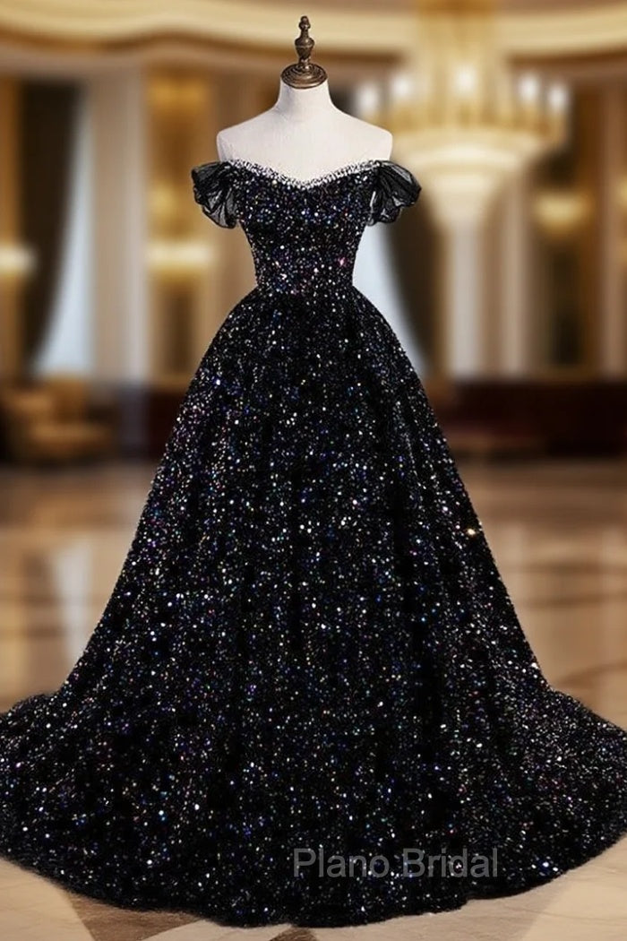 Black Sequins Off the Shoulder Formal Prom Dresses