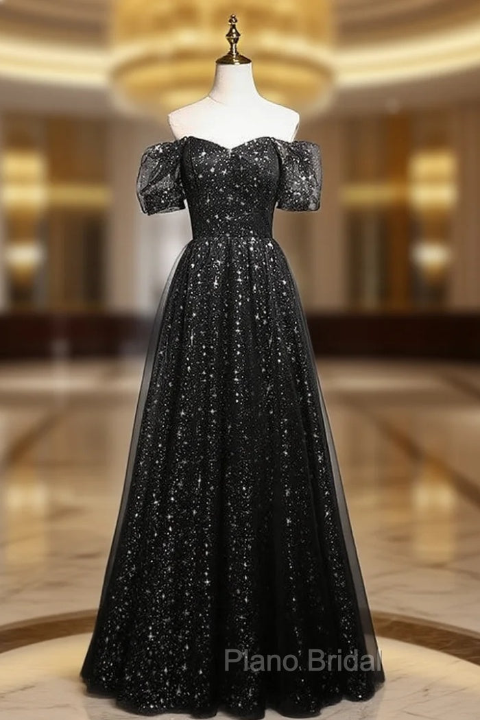 Black Sequins Tulle Puff Sleeve Formal Prom Dresses