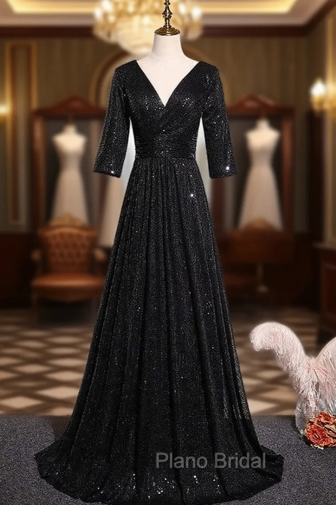 Black Sequins V-neck Short Sleeve Formal Prom Dresses Main image