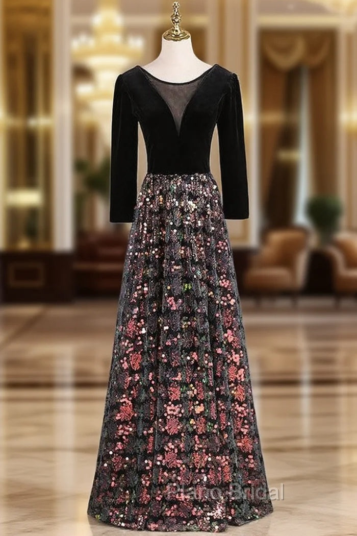 Black Sequins Velvet Long Sleeve Formal Prom Dresses Main image