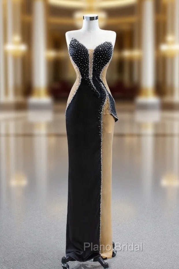 Black Sheath Strapless Beading Formal Prom Dresses
