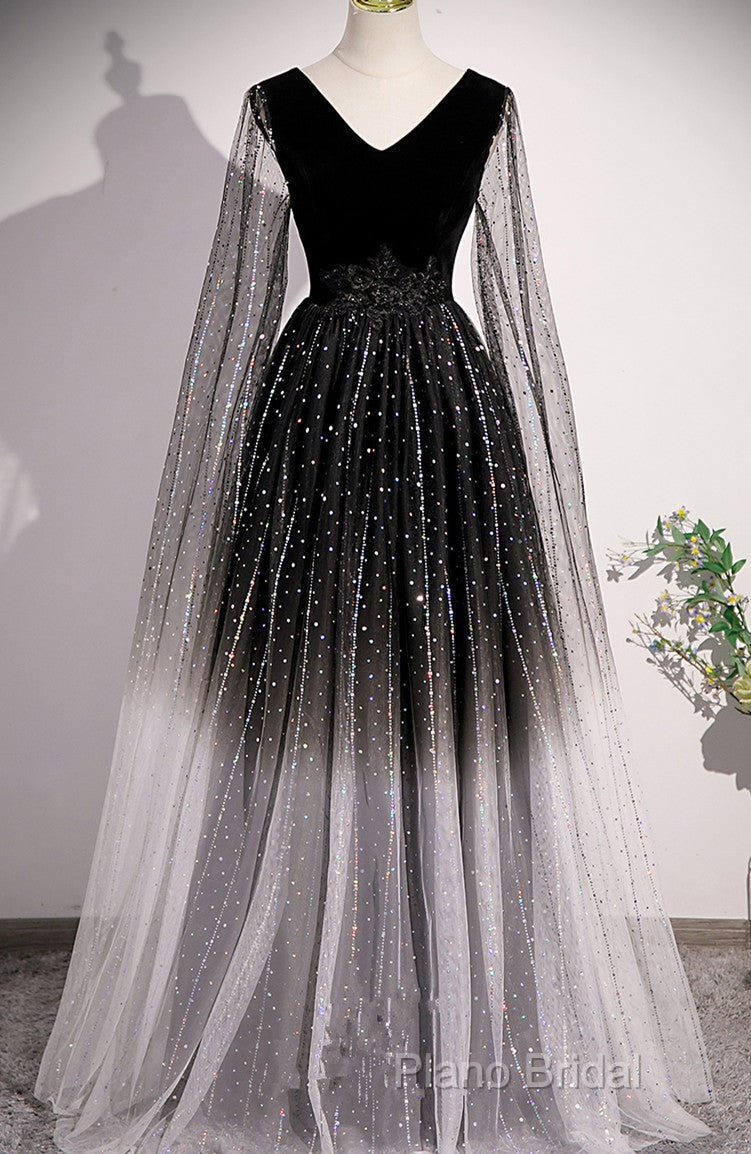 Black Shiny Tulle Gradient Tulle V-Neckline Party Dresses, Black Tulle Formal Prom Dresses Secondary image