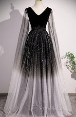 Black Shiny Tulle Gradient Tulle V-Neckline Party Dresses, Black Tulle Formal Prom Dresses