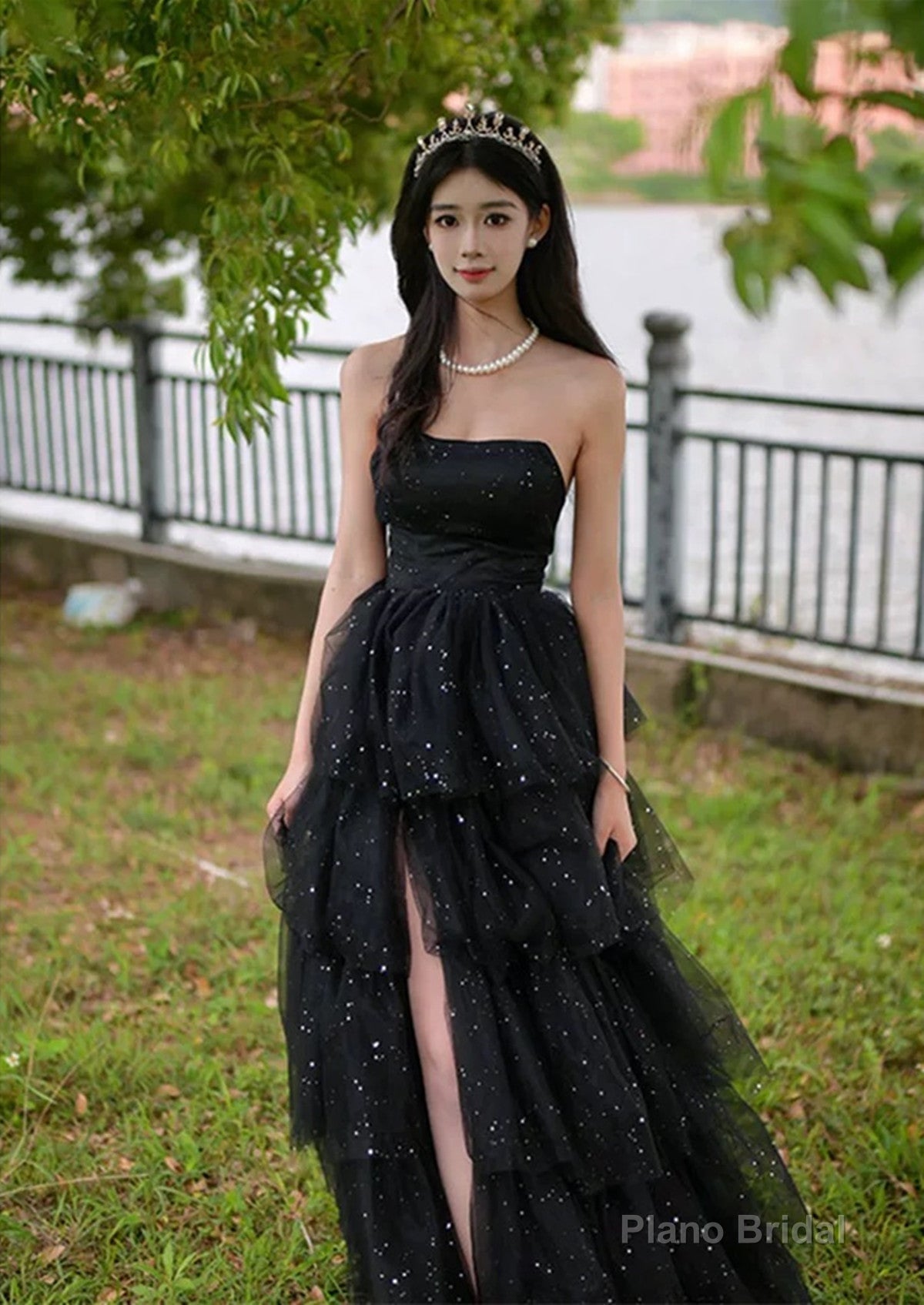 Black Shiny Tulle Layers Long Party Dress with Leg Slit, Black Tulle Prom Dress
