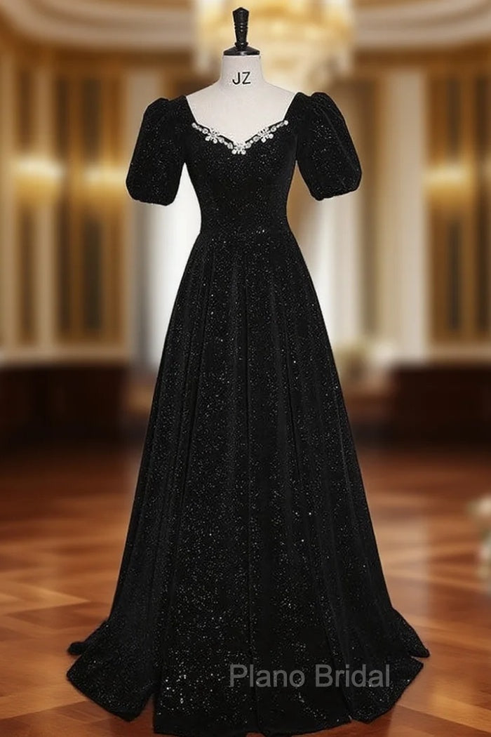 Black Short Sleeve Crystal Formal Prom Dresses Main image