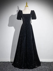 Black Short Sleeves A-line Simple Prom Dress, Black Party Dress Bridesmaid Dress