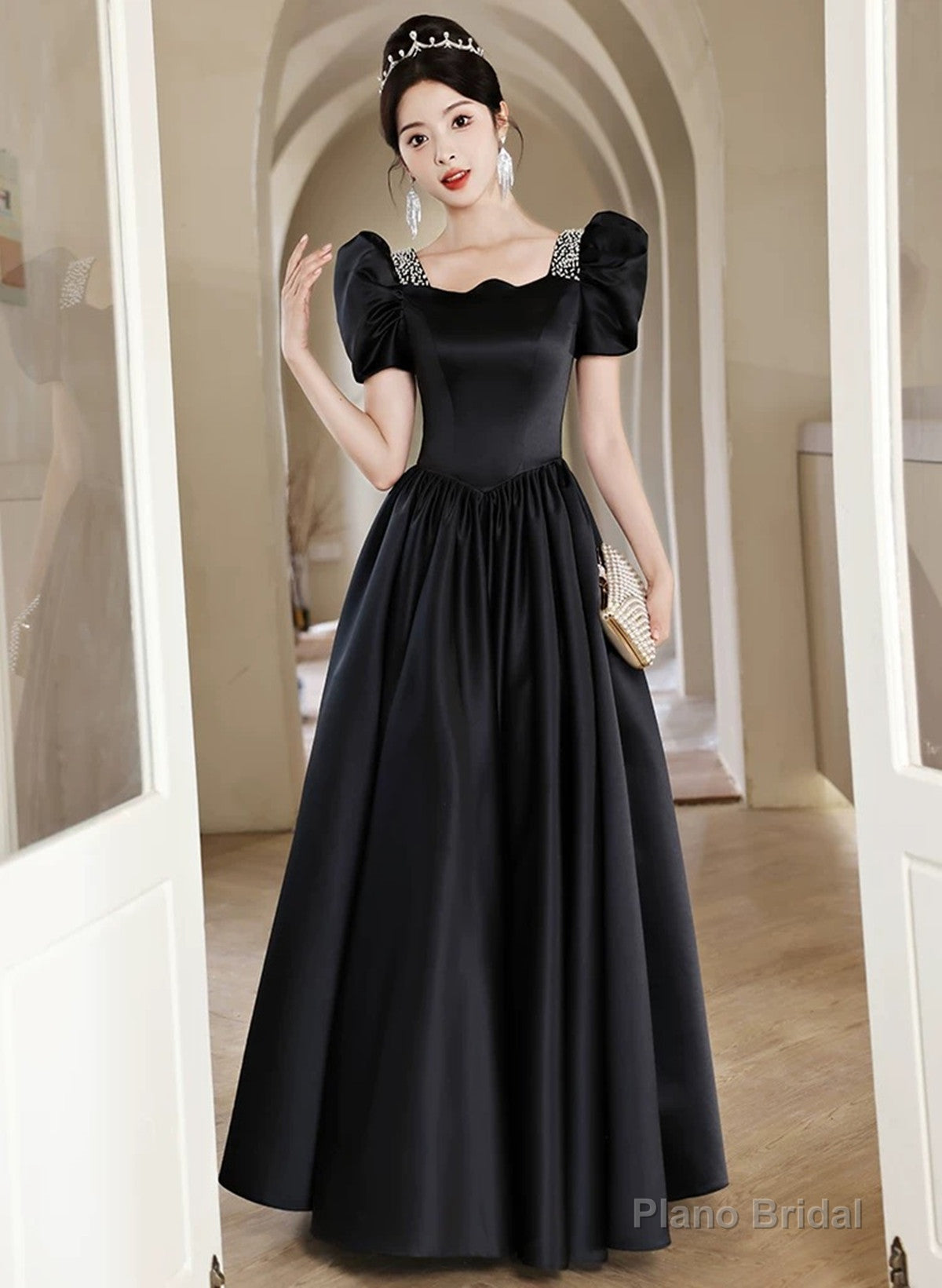 Black Short Sleeves Beaded A-line Satin Prom Dress, Black Satin Party Dress