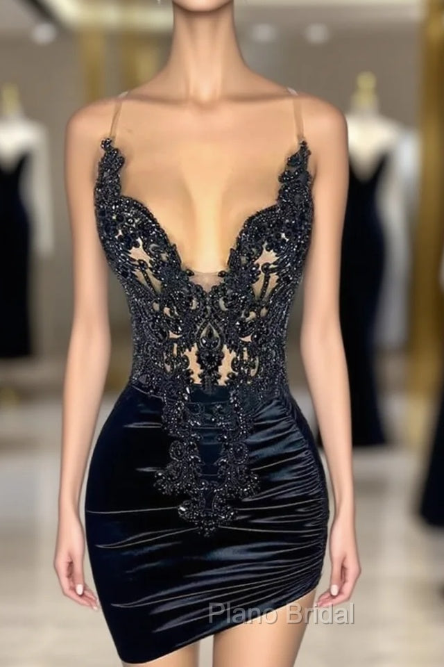 Black Sleeveless Short Formal Prom Dresses with Spaghetti Straps and Beadings Main image