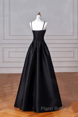 Black Spaghetti Strap Satin Long Formal Prom Dresses, A-Line Backless Formal Party Dresses