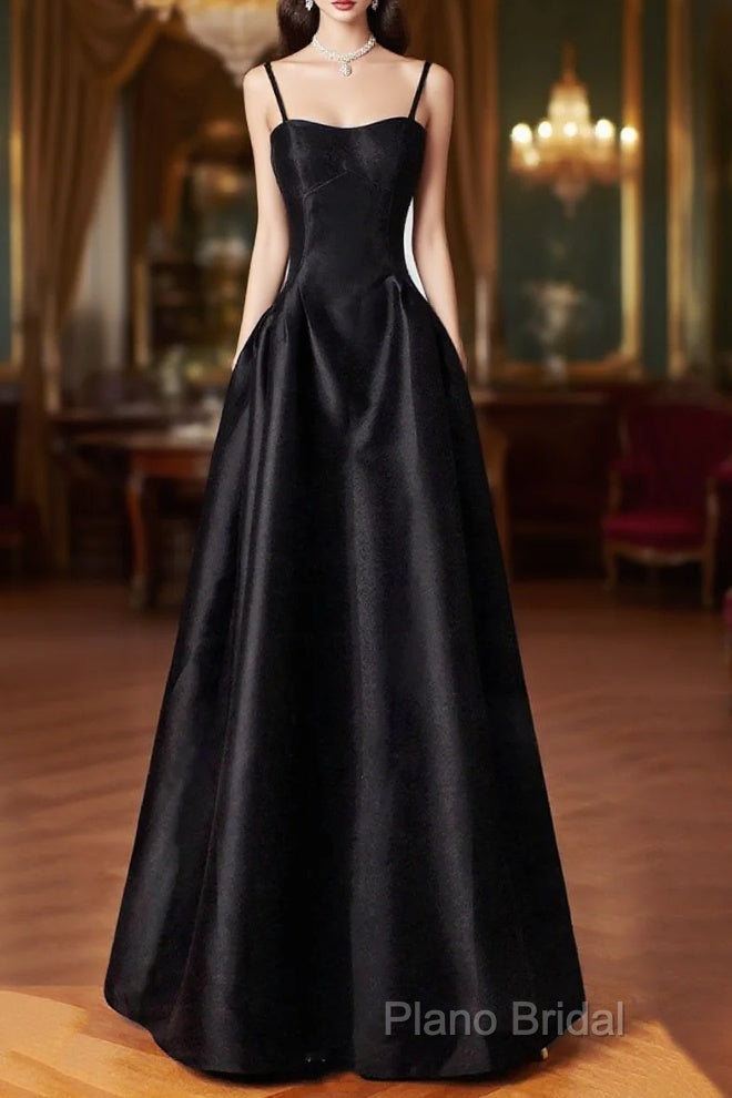 Black Spaghetti Strap Satin Long Formal Prom Dresses, A-Line Backless Formal Party Dresses Main image