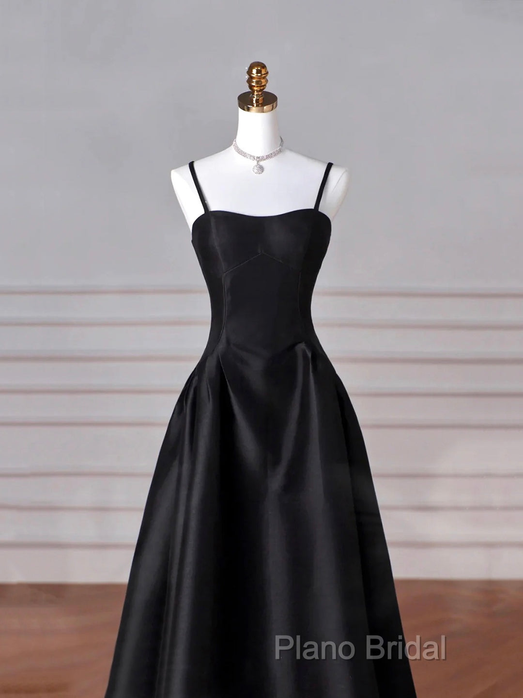 Black Spaghetti Strap Satin Long Formal Prom Dresses, Black A-Line Formal Dresses Secondary image