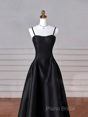 Black Spaghetti Strap Satin Long Formal Prom Dresses, Black A-Line Formal Dresses