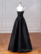 Black Spaghetti Strap Satin Long Formal Prom Dresses, Black A-Line Formal Dresses