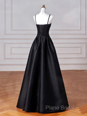 Black Spaghetti Strap Satin Long Formal Prom Dresses, Black A-Line Formal Dresses