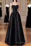 Black Spaghetti Strap Satin Long Formal Prom Dresses, Black A-Line Formal Dresses